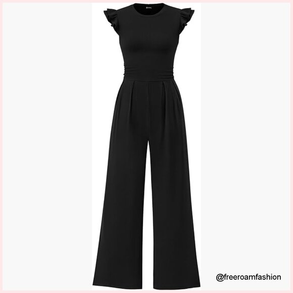 Rib Knit Jumpsuit with Ruffle Cap Sleeves Crew Neck Back Zipper